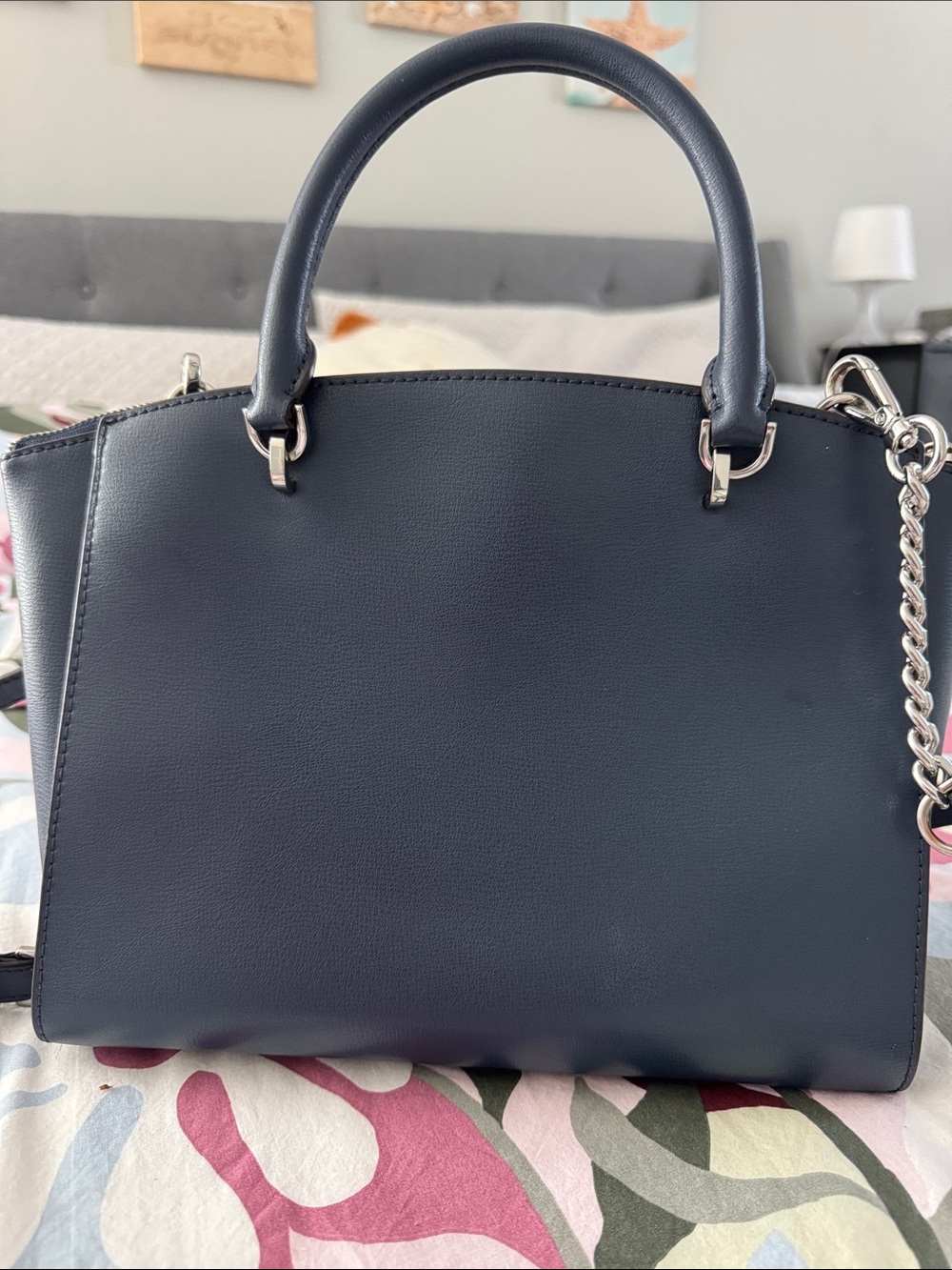 Michael Kors Navy Floral Applique Satchel with Gray and Tan Accents - Picture 6 of 7